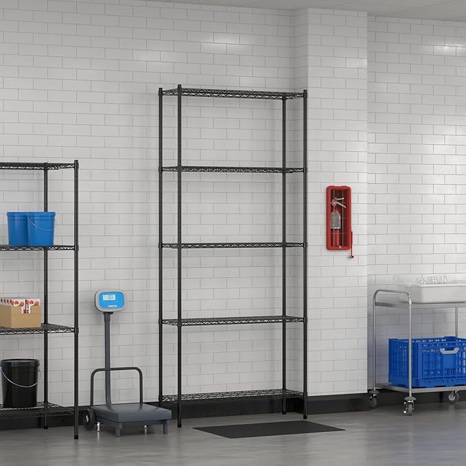 Commercial NSF Listed Black Epoxy Stationary Wire Shelving Kit 14" x 42" x 96", with 5 Shelves Perfect for Warehouse, Walk-in Refrigerator, Freezer, Grocery Store, Restaurant, Dishroom