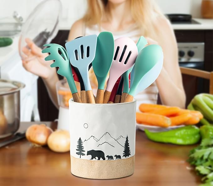 Bear Ceramic Kitchen Countertop Utensil Crock White Large Cooking Utensil Holder
