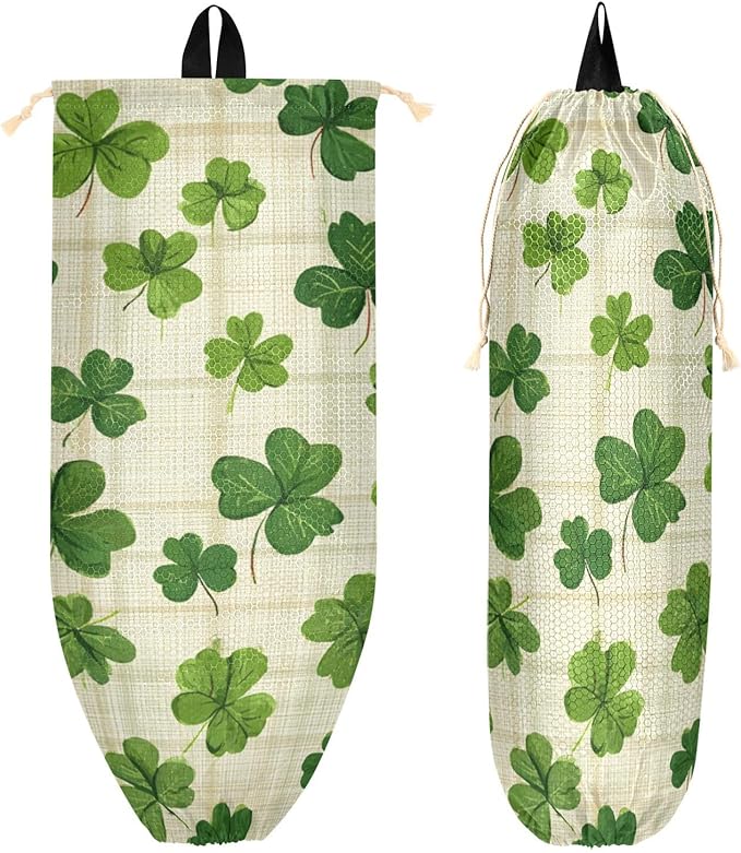 Plastic Bag Holder Wall Mount Grocery Bag Shopping Bag Storage Holder Organizer Dispenser with Adhesive Hook,for Kitchen Bathroom Home Decor 9x22 Inches Beige Checkered Clovers01