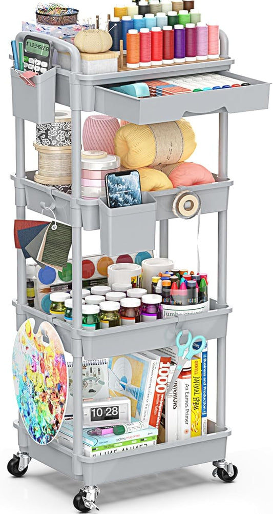 4 Tier Rolling Utility Cart with Drawer, Storage Organizer Cart with 2 Lockable Wheels, Multifunctional Rolling Storage Cart for Bathroom, Kitchen, Craft, Makeup, Baby Essentials, Gray