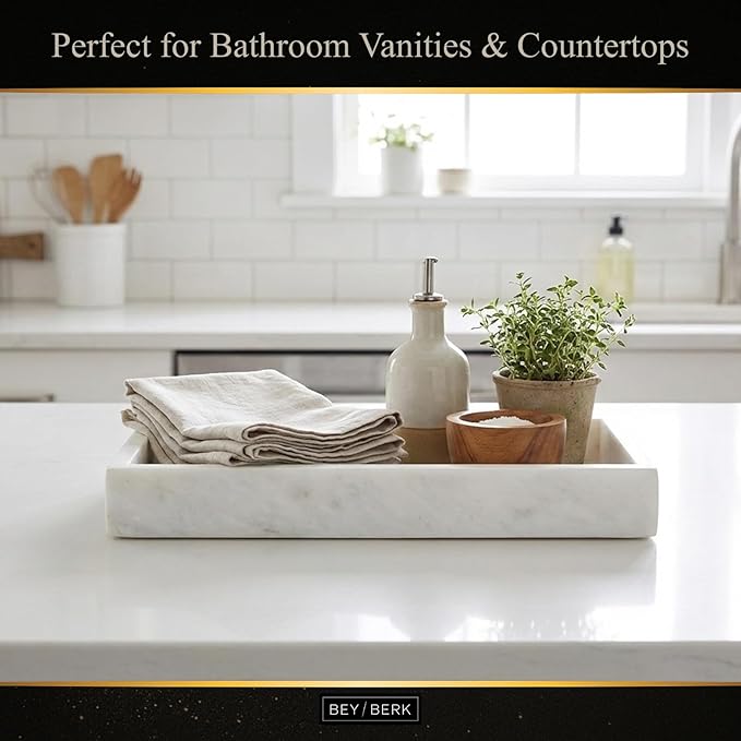 Bey-Berk White Marble Napkin Holder - Guest Towel Tray for Bathroom, Kitchen Counter, and Outdoor Use