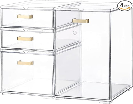 4Pack Stackable Storage Drawers, Clear Plastic Organizer Bins for Bathroom and Office Organization, Perfect for Cosmetic, Beauty Supplies, Accessories