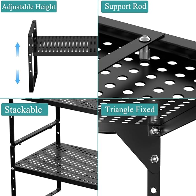 Expandable Kitchen Cabinet Shelf Organizer 2 Pack, Stackable Metal Pantry Storage Shelves, Adjustable Counter Shelf Organizer Rack for Kitchen Cabinets, Cupboard, Countertop, Closet, Black