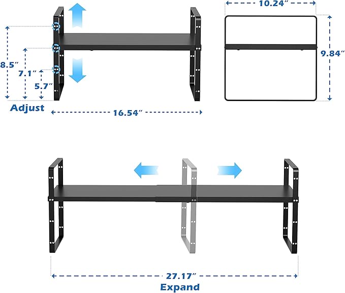 SANNO Expandable Kitchen Shelf Organizers, Stackable Cabinet Shelf Organizer Storage Rack, Countertop Organizer Kitchen Pantry Cupboard Pantry,Black, 10" W, 1 pack