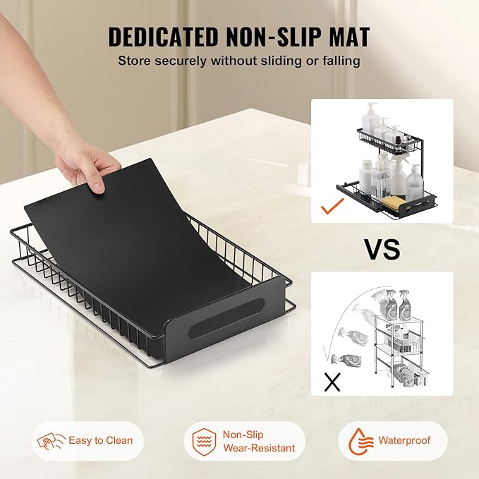 VEVOR Pull Out Cabinet Organizer, 2 Tier Under Sink Organizer and Storage(10.7"W x 14.2"D ), Slide Out Drawer Cabinet Organizer, Wire Basket Sliding Shelf for Kitchen Bathroom Cabinet, Black (2 Pack)