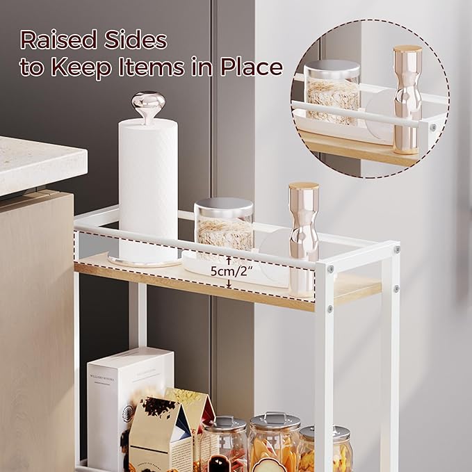 MAHANCRIS Slim Rolling Cart, Mobile Kitchen Cart on Wheels, Narrow Storage Cart for Small Space, Wooden Kitchen Storage Rack, for Bathroom, Laundry, Living Room, White RCBN1501