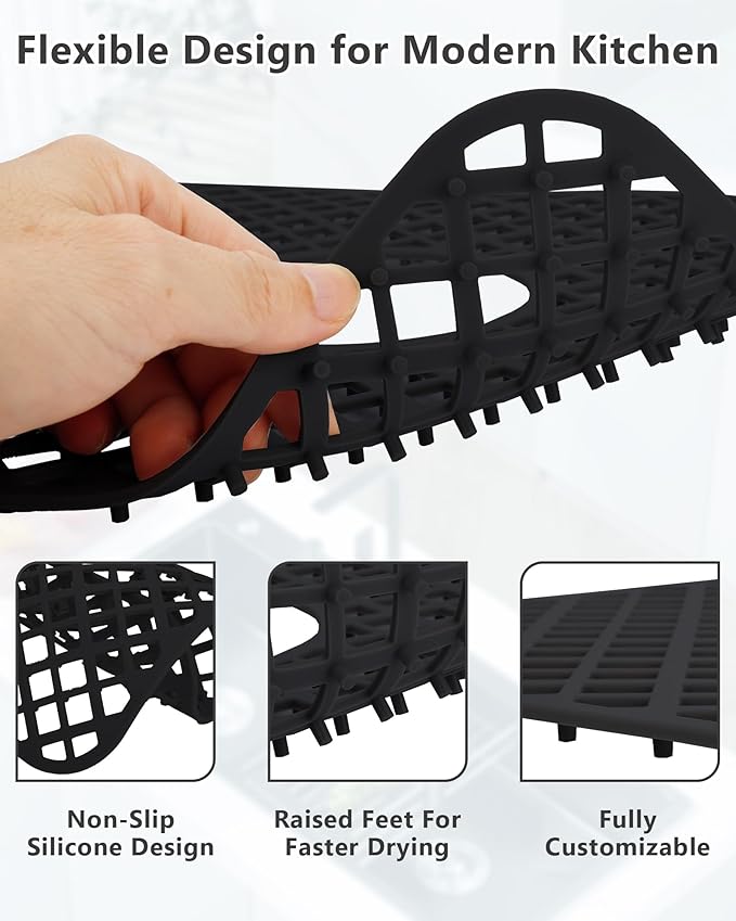 BEHOK 2 Pack Silicone Sink Protectors for Kitchen Sink, Lozenge Pattern 13 x 11 Inches Sink Mat, Non-Slip and Durable Sink Protector Silicone, Rear Drain, Black