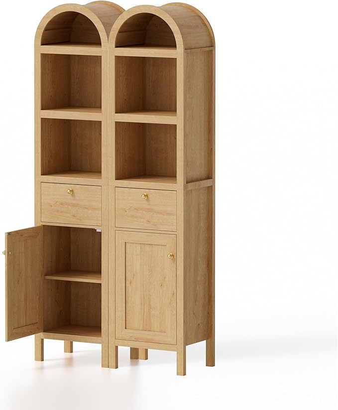 Arched Tall Cabinet 67", Adjustable Shelf Bathroom Storage with Door & Drawer, Set of 2 Narrow Farmhouse Pantry Cabinet for Kitchen, Study Room, Hallway, Easy Assembly - Natural Oak