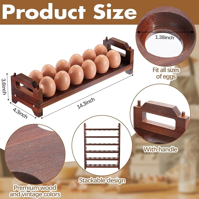 Maxcheck 6-Tier Stackable Egg Holder Acacia Wood Egg Storage Rack with Handles Shelf Storage up to 108 Countertop Organizer for Kitchen, Refrigerator