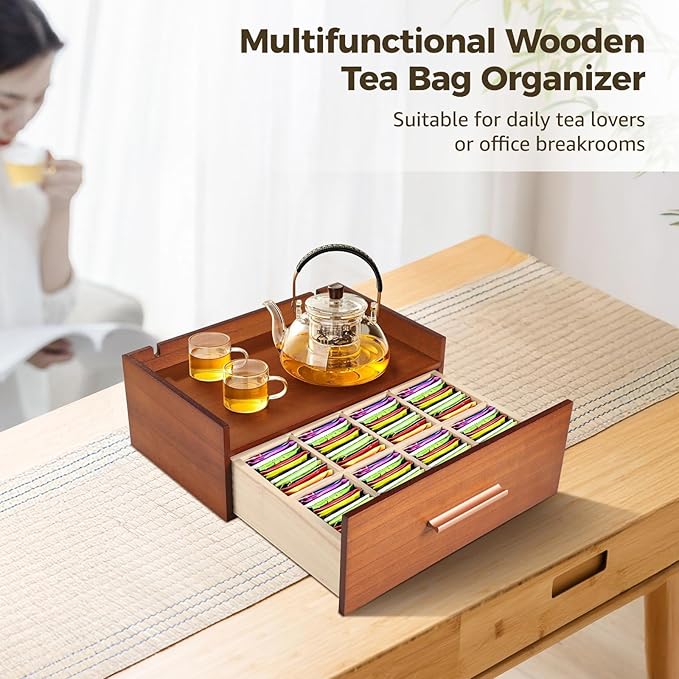 Wooden Tea Bag Organizer, Tea Storage Box for Countertop, Tea Station Organizer with Cable Slots, Multi-Functional Tea Bag Organizer with 8 Compartments & Removable Drawer Dividers