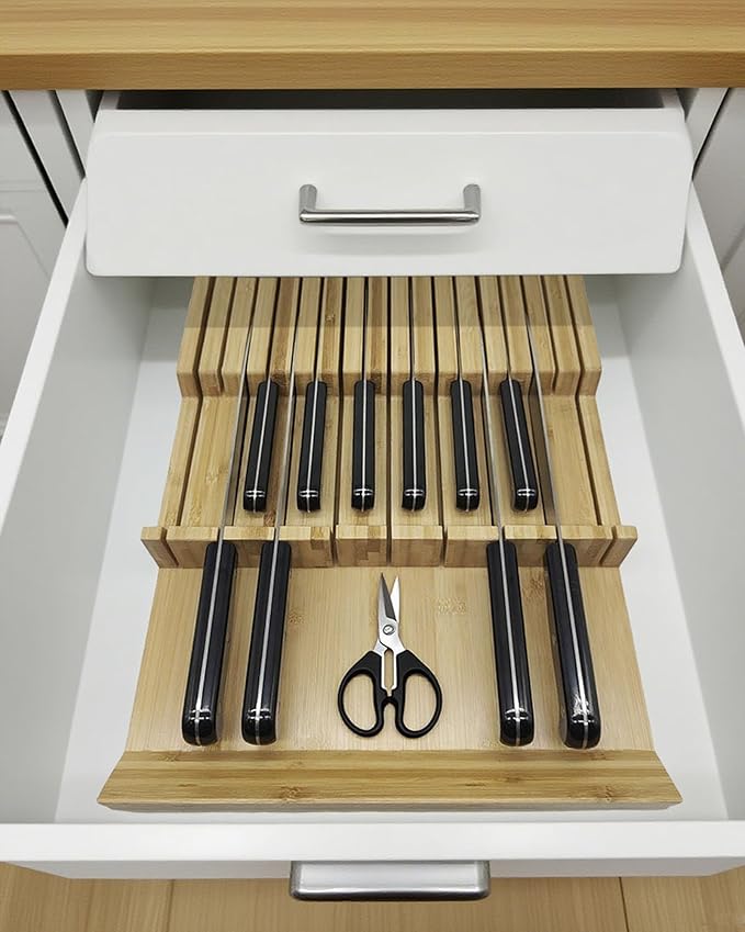 Bamboo In-Drawer Knife Block, 17 Slot Large Capacity Knives Organizer, Upper and Lower Kitchen Steak Knife Storage Rack - Holds 8 Short + 9 Long Knives