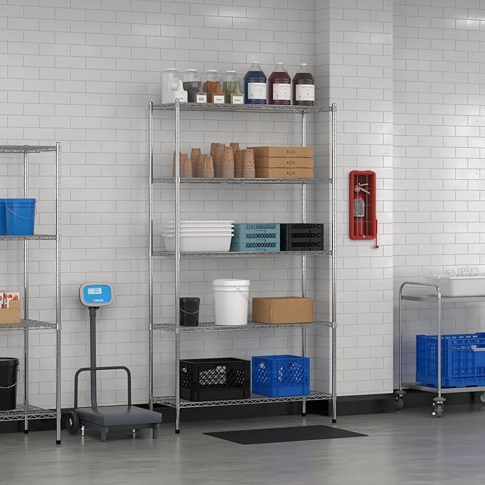 Commercial NSF Listed Chrome Stationary Wire Shelving Kit 18" x 48" x 86", with 5 Shelves Perfect for Warehouse, Walk-in Refrigerator, Freezer, Grocery Store, Restaurant, Dishroom