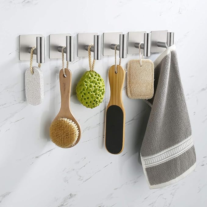 kesink Towel Hook 6 Pack Adhesive Bathroom Robe Hooks, Sticky Coat Hooks for Hanging, Closet, Coat Hook SUS304 Stainless Steel Brushed, BTH7204-2-P6