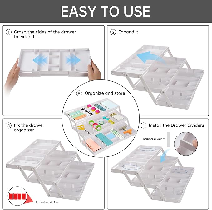Smart Drawer Organizer Multi Level, Adjustable Folding Junk Drawer Organizer For Kitchen, Bathroom, Office, And Bedroom – Space-Saving Makeup Organizer (White)