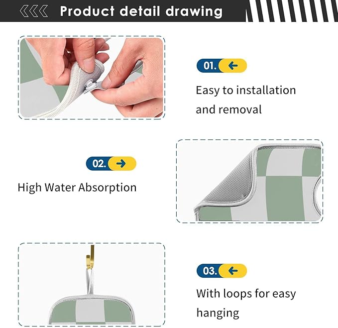 2 PCS Kitchen Sink Splash Guard 14.9 Inch Faucet Mat for Kitchen Sink Bathroom Sink Faucet Absorbing Drip Drain Mat Pad Microfiber Soft Washable Checkered Green and White