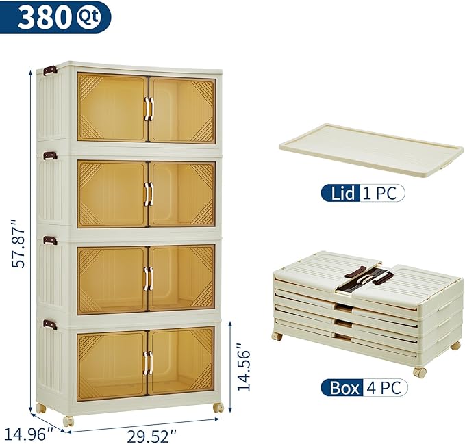 GarveeHome 380QT Stackable Storage Bins, Folding Storage Box with Magnetic Doors & Wheels, Loset Organizers and Storage with Lids, Collapsible Plastic Drawers for Bedroom Kitchen Office, White