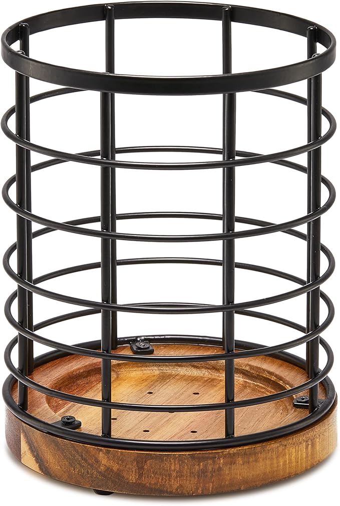 Utensil Holder for Kitchen Counter,Black Wire with Wooden Base Countertop Utensil Holder, Large Wooden Cooking Utensil Holder, Kitchen Utensil Organizer.
