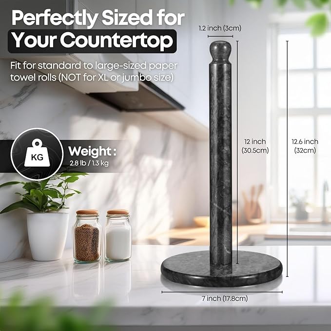 Flexzion Marble Paper Towel Holder 12 inch (Black) - Kitchen Countertop Paper Towel Holder Stand Rack with Roll Dispenser Pole and Weighted Marble Base for Tables Home Dining Bathroom Storage