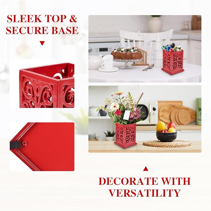 jogreful Utensil Holder, Cast Iron Kitchen Utensil Crock for Countertop, Extra Large Utensil Organizer with Weighted-Base, Housewarming Vintage Decor, Classic Style, Red
