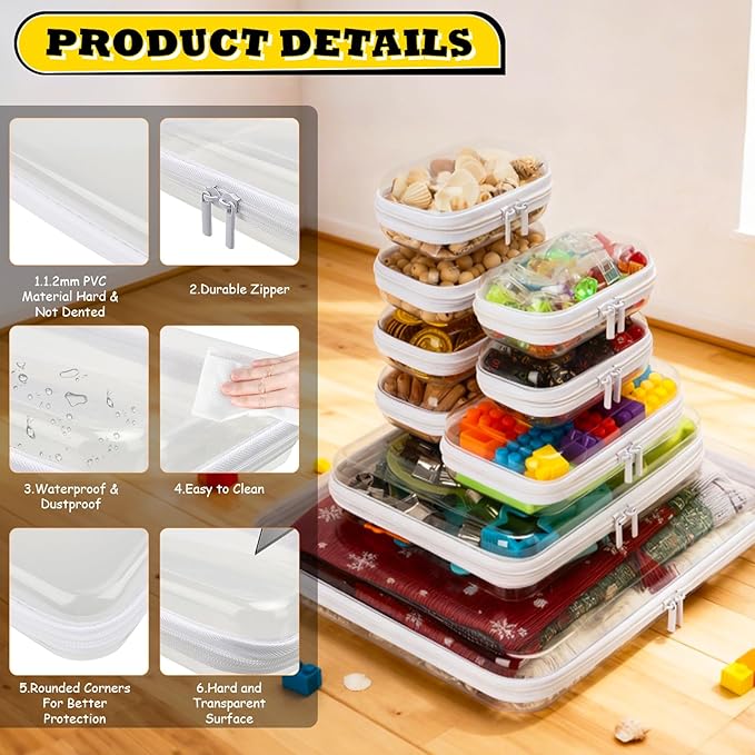 9 Pack Clear Hard Shell Zipper Case,Waterproof Toiletry Cosmetic Bag,Toy Organizers Storage Box,Diaper Bag Organizer,Pencil Case,Clear Plastic Zipper Pouches for Office Home Storage(1XL,1L,1S,6Mini)