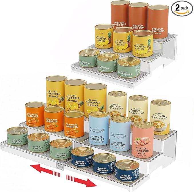 Expandable Can Rack Organizer, 3-Tier Adjustable Length Can Storage Holder, Set of 2 Holds Up to 36 Cans, Stability with Non-Skid Shelf, Canned Goods Storage Display for Pantry, Cabinet, Countertop