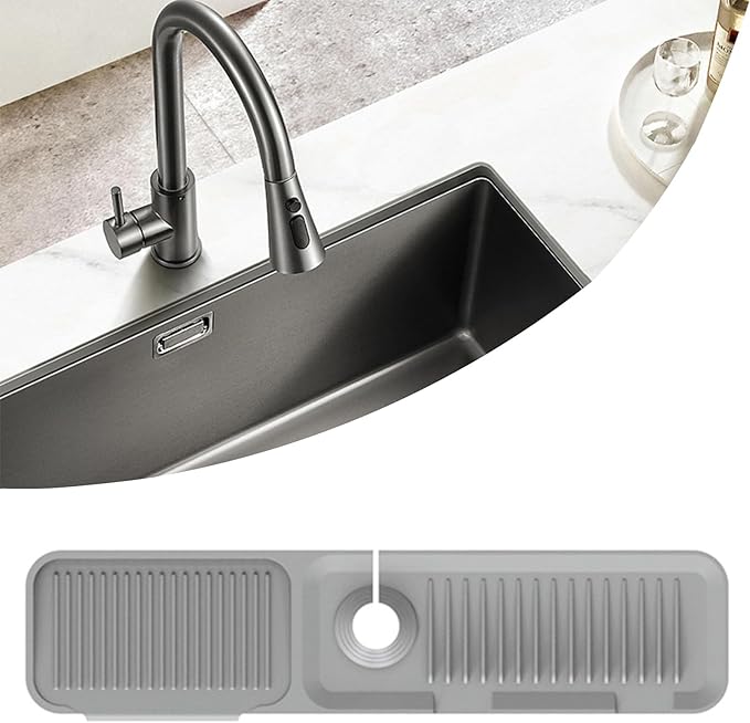 MOODKEY Kitchen Sink Splash Guard Silicone Faucet Handle Drip Catcher Tray Sink Protector for Kitchen Sink Sponge Holder for Kitchen Sink Faucet Mat Fits Faucet Tube within 2.5" (light grey, 24'')