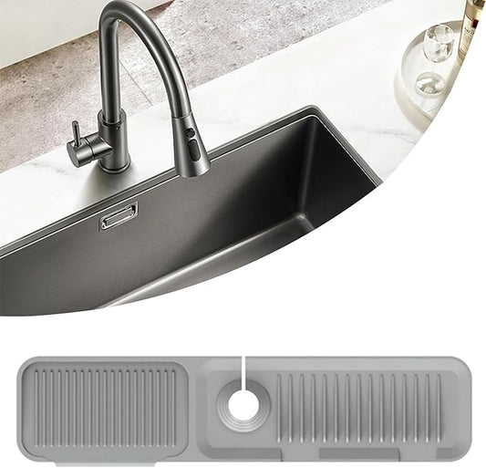 MOODKEY Kitchen Sink Splash Guard Silicone Faucet Handle Drip Catcher Tray Sink Protector for Kitchen Sink Sponge Holder for Kitchen Sink Faucet Mat Fits Faucet Tube within 2.5" (light grey, 24'')