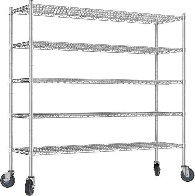 Commercial NSF Listed Chrome Mobile Wire Shelving Kit 18" x 60" x 60", with 5 Shelves Perfect for Warehouse, Walk-in Refrigerator, Freezer, Grocery Store, Restaurant, Dishroom