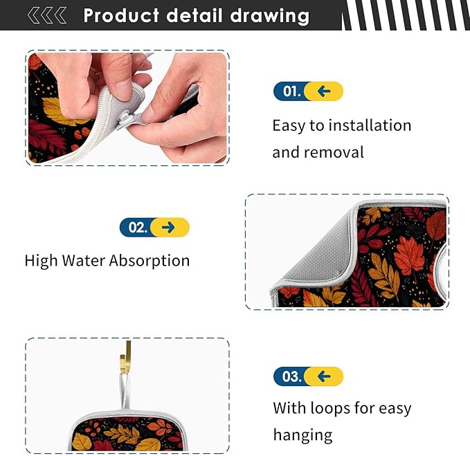2 PCS Kitchen Sink Splash Guard 14.9 Inch Faucet Mat for Kitchen Sink Bathroom Sink Faucet Absorbing Drip Drain Mat Pad Microfiber Soft Washable Brown Autumn Maple Leaves