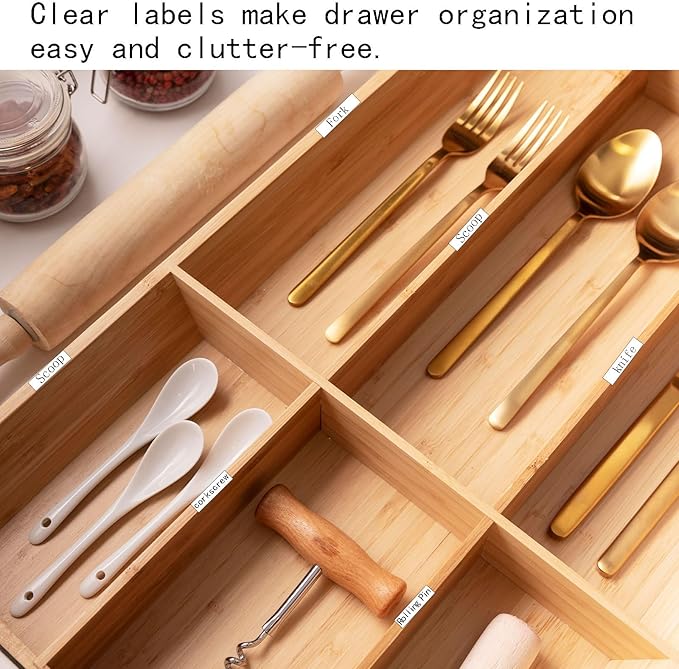 100Pcs Self-Adhesive Drawer Divider Labels – Clear Address Stickers for Organized Storage – Bamboo Silverware Drawer Divider Labels