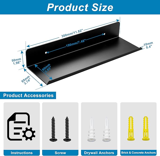 SAYAYO Black Floating Shelves for Wall Storage, 12 Inch Wall Shelves for Bedroom Decor, Display Bathroom Shelf Organizer for Kitchen, Living Room, Office, 2pcs