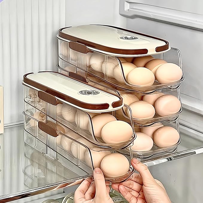 Egg Holder for Fridge: Automatic Rolling Egg Container Egg Dispenser Egg Storage Organizer for Refrigerator with Handle and Freshness Indicator (Double Layer)