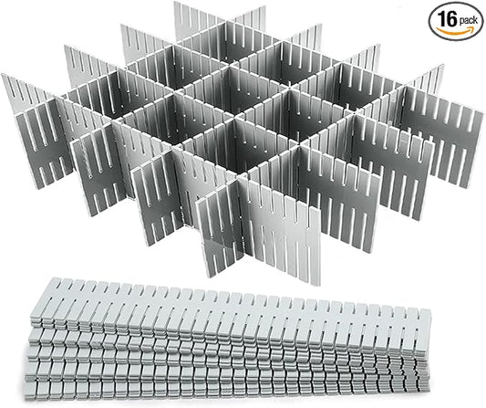 16Pcs Drawer Dividers Organizers Adjustable Drawer Organizer Kitchen Tidying DIY Storage Organizer Separator for Socks Underwear Lingerie Makeup Bedroom Office Storage (Grey 16Pcs)