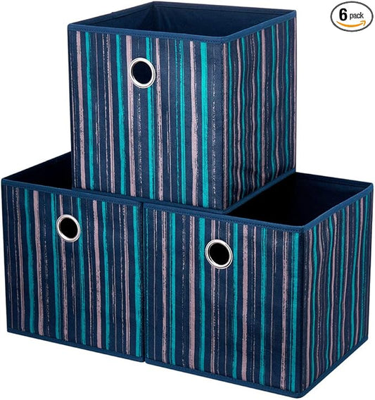 HSDT3 Cube Storage Bins 11x11x11 Inch Foldable Teal-Yellow Vertical Stripes Gradient Lines Print Fabric Storage Basketes for Home Organizers Storage Drawer,QY-SC17-3,Cream Navy Blue(Set of 3)
