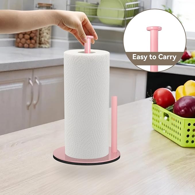 Paper Towel Holder Pink, Paper Towel Holder Countertop with Anti Slip Weighted Base, Stainless Steel Freestanding Paper Towel Holders for Kitchen