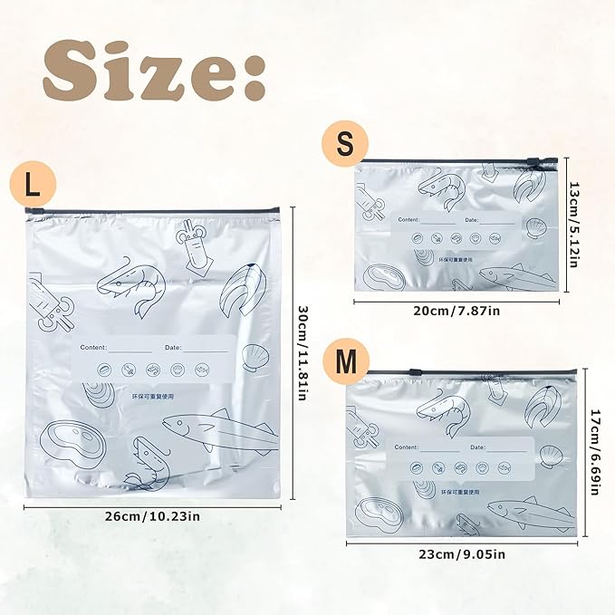Reusable Aluminum Foil Sealable Storage Bags, Freezer Bags for Food, Reusable Freezer Storage Bags with Vacuum Zipper for Vegetable Fruit Meat (40PCS，3 Size)