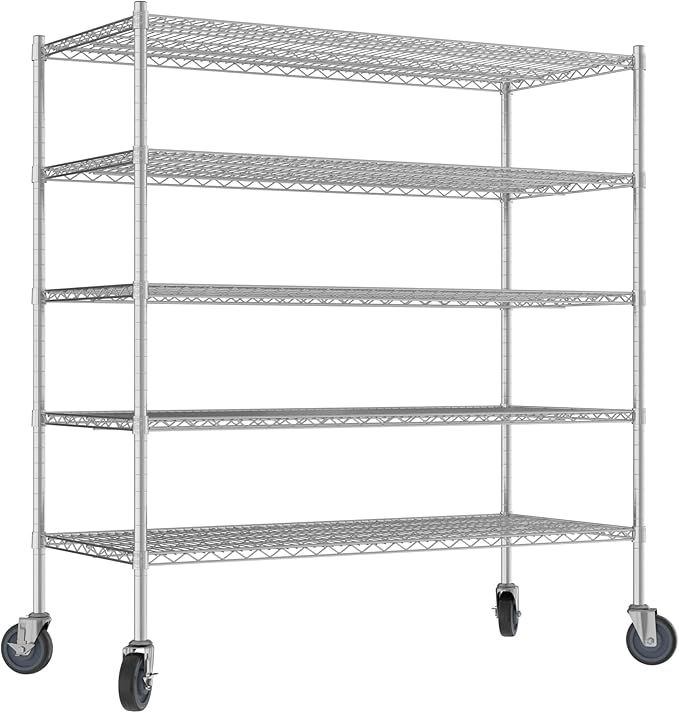 Commercial NSF Listed Chrome Mobile Wire Shelving Kit 24" x 54" x 60", with 5 Shelves Perfect for Warehouse, Walk-in Refrigerator, Freezer, Grocery Store, Restaurant, Dishroom