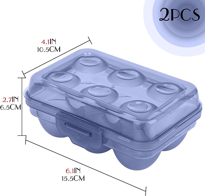 Portable Stackable Egg Storage Box, 2-Pack 6-Count Egg Holders with Lids for Refrigerator, Travel & Camping, Blue PP Egg Tray Organizer