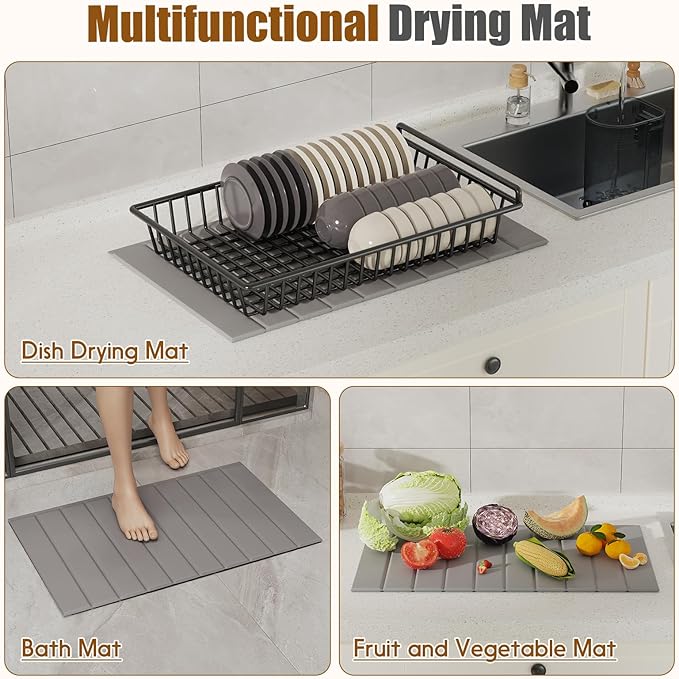 Dish Drying Mat，Stone Drying Mat for Kitchen Counter，Heat Resistant and Super Absorbent Foldable Bath mats,Made of Diatomaceous Earth and Leather.24.8"×15.7" Light Grey