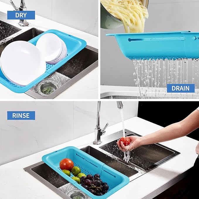 LASSHSWA Collapsible Colander and Strainer for Kitchen, Over the Sink Strainer Basket for Kitchen, Fruit Pasta Food Strainer Expandable Plastic Colander (Blue)