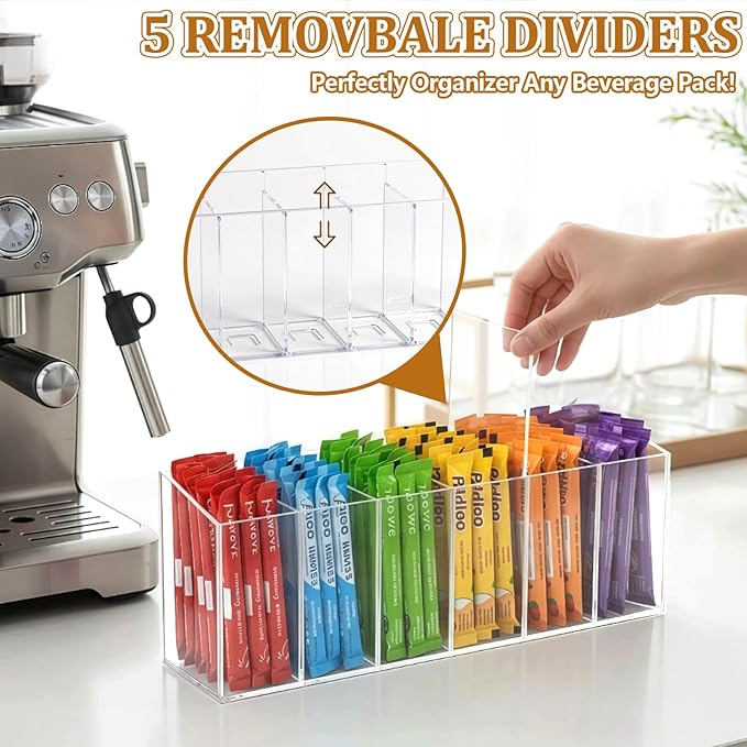 Drink Packet Organizer, Adhesive & Magnetic Water Packet Holder with Removable Divider & 6 Compartment, Clear Acrylic Water Flavor Packet Organization Container for Kitchen Bins Cabinets Organizer