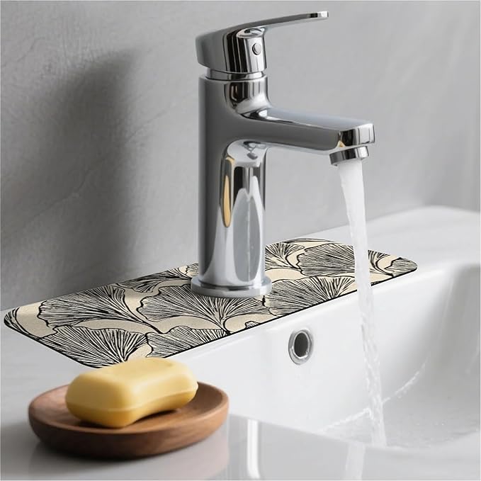 Kitchen Sink Splash Guard，Line ginkgo leaves Faucet Mat Sink Gadgets-Super Absorbent Fast Drying Mat Drip Catcher for Kitchen, Bathroom,Sink Mat, Dish Drying Mat, Bathroom(15" X 5.5" )
