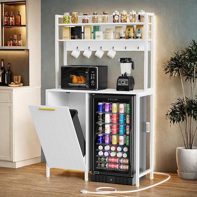 YITAHOME 4-Tier Kitchen Pantry Cabinet with Mini Fridge Space, Trash Can Storage & Power Outlet, Freestanding Storage Organizer for Microwave, Coffee Bar & Dining Room, White