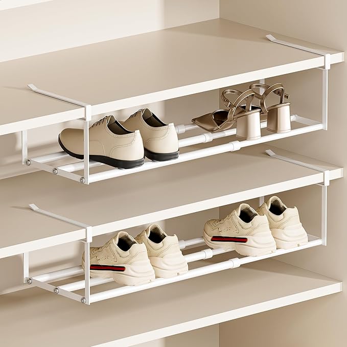 UFORU Expandable Hanging Shoe Rack Organizer for Closet, Adjustable Shoe Rack Under Cabinet Shelf, Versatile Under Shelf Storage for Kitchen, Book, Clothing Storage and Organization(White,2PCS)