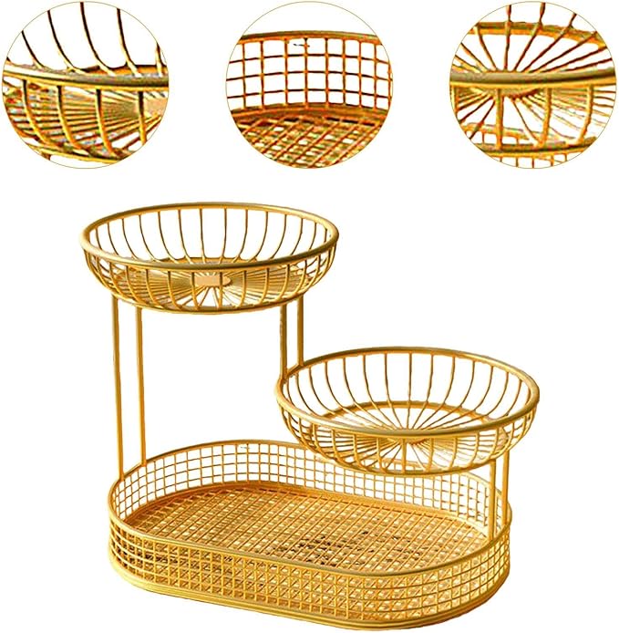 3 Layer Fruit Basket Fruit Holder Space Saver Serving Stand Metal Wire Storage Basket Bread Basket Vegetable Rack for Holdiay, gold