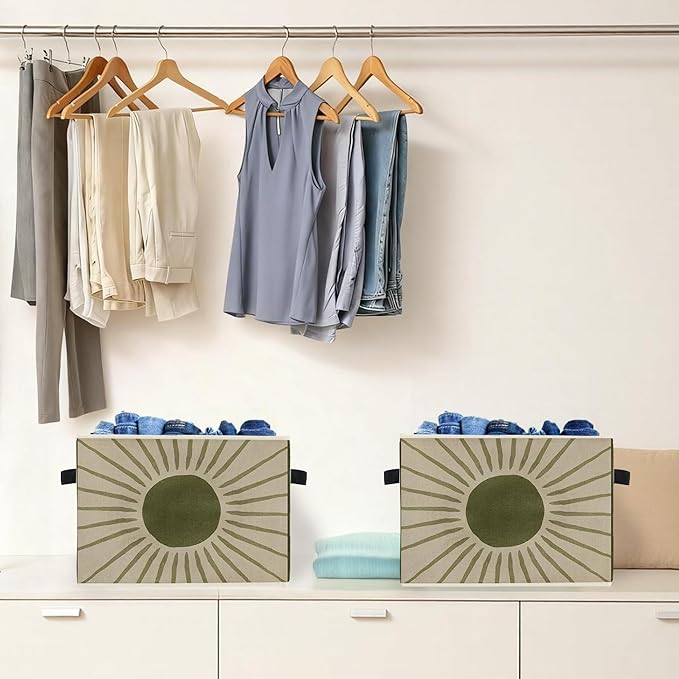 Boho Sun and Moon Storage Box Bins, Vintage Green Beige Celestial Collapsible Storage Basket Organizer for Bedroom Laundry Room Home Clothes Toys Books, Toybox for Girls Boys