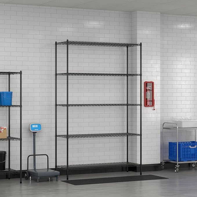 Commercial NSF Listed Black Epoxy Stationary Wire Shelving Kit 21" x 60" x 96", with 5 Shelves Perfect for Warehouse, Walk-in Refrigerator, Freezer, Grocery Store, Restaurant, Dishroom