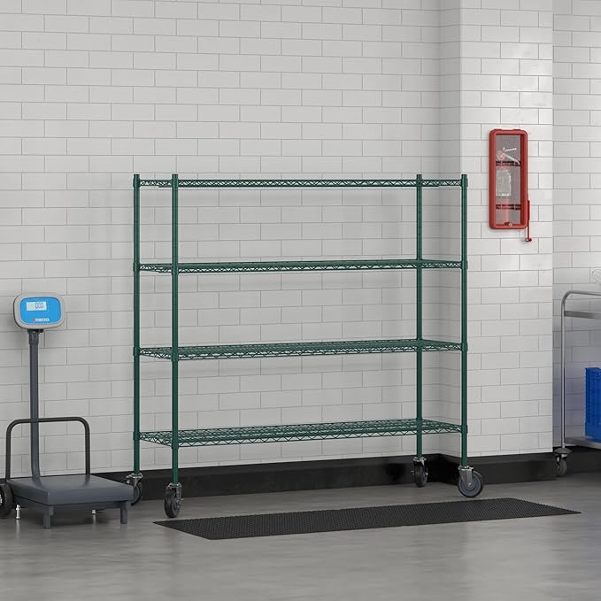 Commercial NSF Listed Green Epoxy Mobile Wire Shelving Kit 18" x 60" x 60", with 4 Shelves Perfect for Warehouse, Walk-in Refrigerator, Freezer, Grocery Store, Restaurant, Dishroom