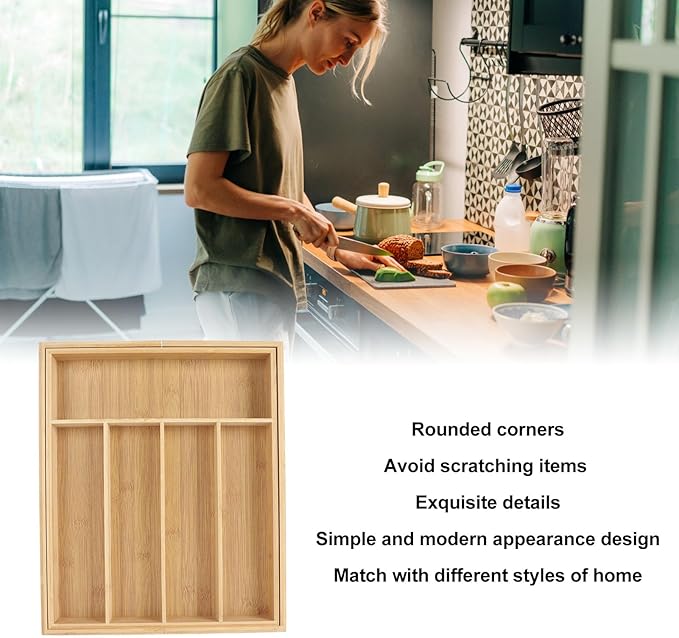 Kitchen Silverware Organizer Expandable for Cutlery and Utensils, Adjustable Wood Utensil Storage Cutlery Tray for Drawers, Kitchen Drawer Organizer Utensil Holder Makeup Organizer with(7 Slots B)