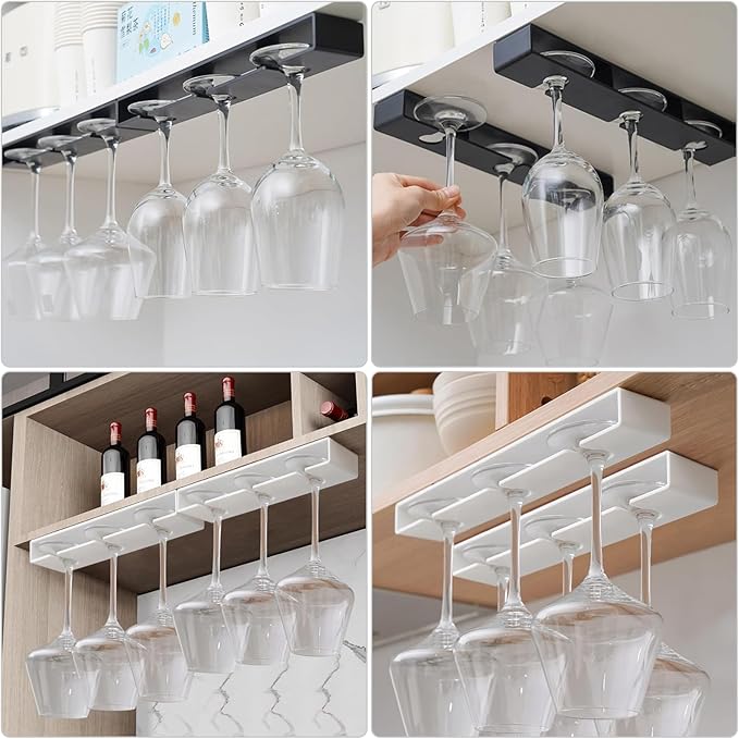 2Pack Wine Glass Holder Under Cabinet Shelf,Plastic Wine Glass Rack Stemware Drying Storage Hanger for Kitchen,Bar and Restaurant(Black)